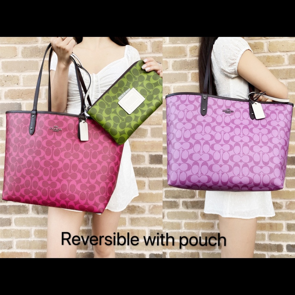 Coach reversible tote pink purple green pouch - Picture 4 of 4